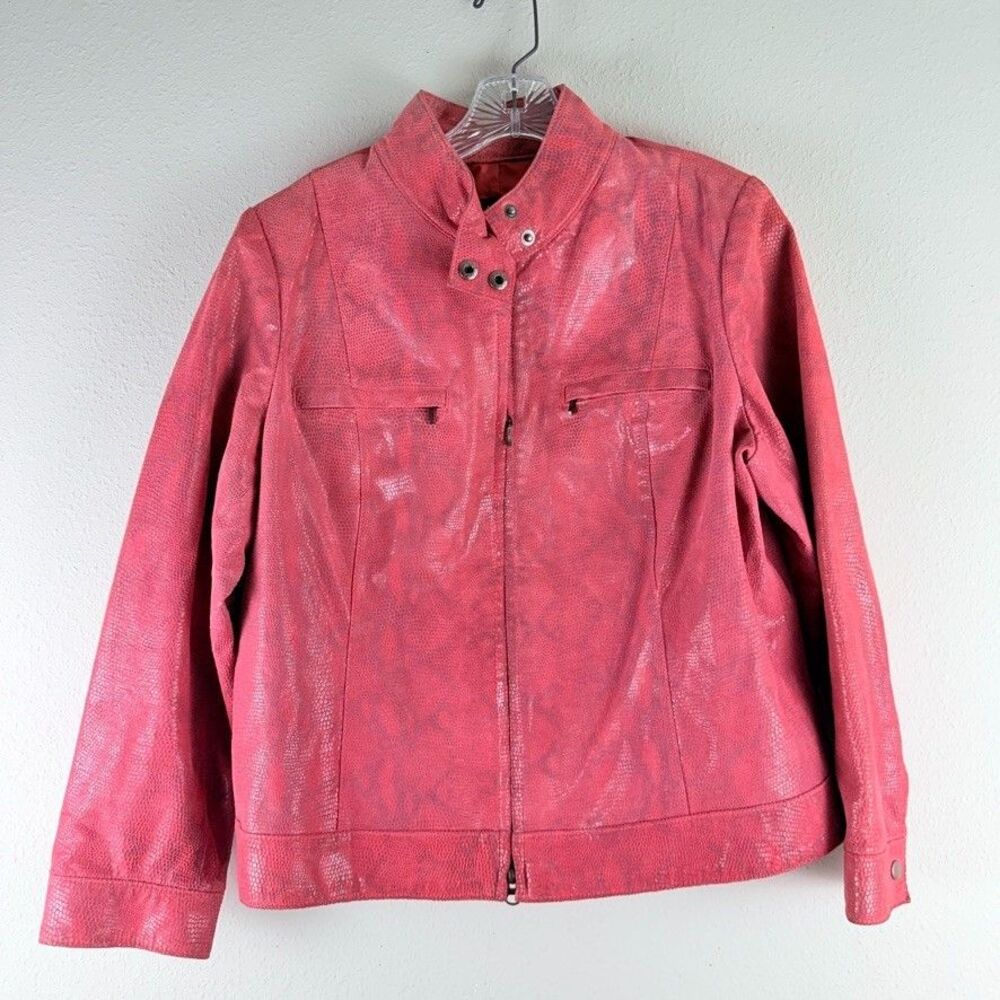 Alfani Genuine Leather Jacket Women 1X Pink Snake Print Zip Moto Mock Neck Lined